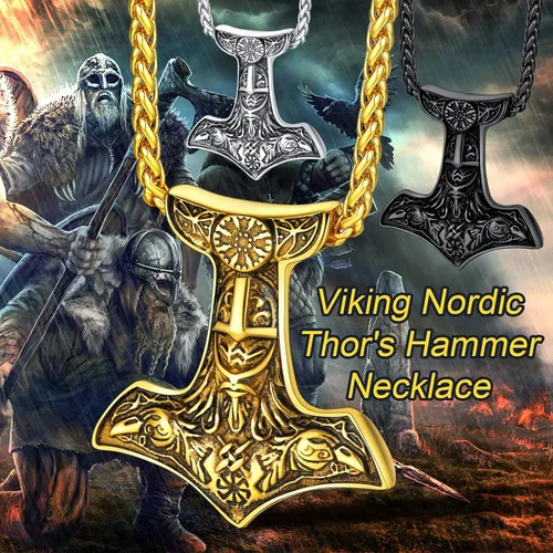 Vista 8 de FaithHeart Collar con colgante de runas vikingas nórdicas, martillo de Thor, brújula nórdica, Odín, cuervo, para hombres y mujeres, con embalaje