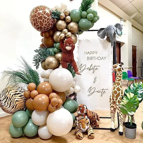 Vista 6 de Globos de color verde salvia marrón, paquete de 60 globos con estampado Verde Marrón Oro