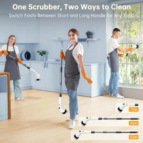 Vista 5 de PUFTEM Cepillo Eléctrico Giratorio, Limpiador de Ducha Inalámbrico con 8 Cepillos de Fregar, 2 Velocidades con Mango de Extensión Ajustable