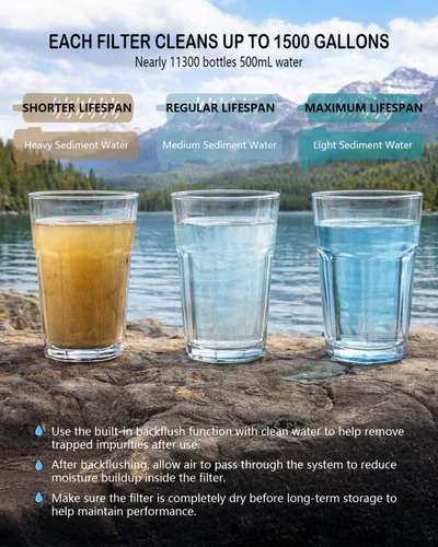 Vista 3 de Purificador de agua portátil para acampar Sistema de filtración de agua dual de 0.01 micrones para mochileros al aire libre, senderismo, emergencia