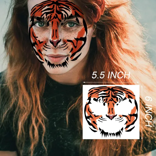 Vista 9 de Tatuajes temporales de cara de tigre, paquete de 6 – Kit realista de nariz, bigotes y frente a rayas para Halloween, fiestas de disfraces