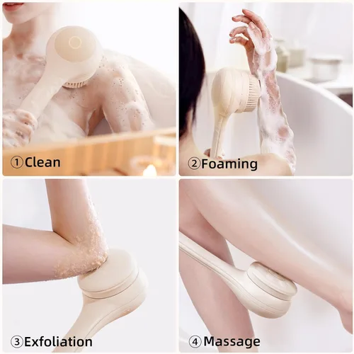 Vista 2 de Cepillo corporal eléctrico exfoliante para la espalda para ducha, exfoliante corporal eléctrico impermeable de mango doble largo con 3 cabezales