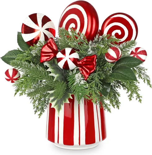 Vista 8 de Hollyone Pequeño árbol de Navidad artificial mini de mesa de 11 pulgadas, decoración de plantas en maceta con adornos de bolas de Navidad, bayas