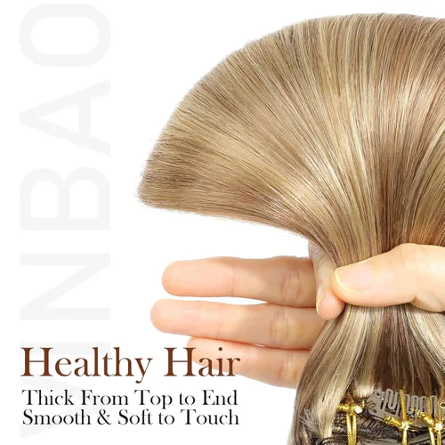 Vista 62 de VINBAO Extensiones de cabello humano con clip, balayage, color marrón ceniza a rubio caramelo, 14 pulgadas, 6 unidades, 3.53 onzas, 6