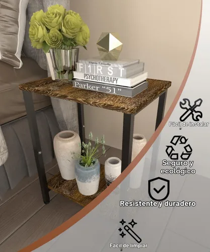 Vista 5 de Mesa auxiliar de 2 niveles, mesa auxiliar resistente con estantes, mesa de noche estrecha para espacios pequeños, mesa de tocadiscos para Negro