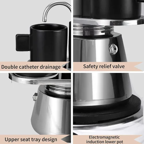 Vista 7 de Olla de Moka de Acero Inoxidable, Cafetera de Espresso de 2 Tazas para Estufa con Doble Boca, Fácil de Operar, Prepara Café Rápidamente, Olla