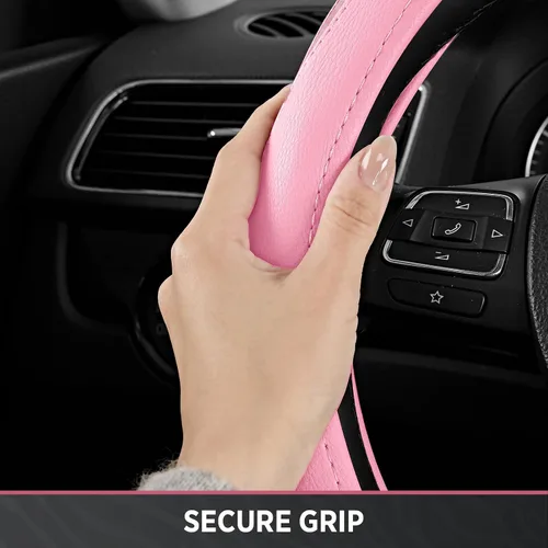 Vista 7 de Road Comforts Funda para volante, cubierta de volante de parte inferior plana hecha con piel de PVC y tela de leopardo, ajuste universal
