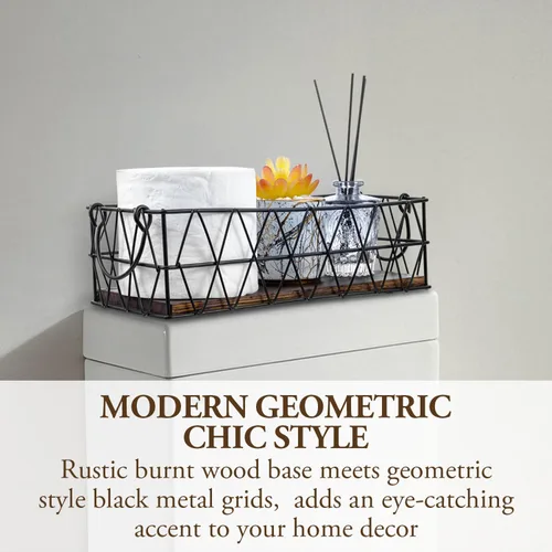 Vista 3 de MyGift 2 cestas de almacenamiento de metal geométrico negro montado en la pared con base rústica de madera quemada maciza, cubos pequeños