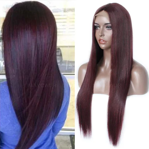 Vista 8 de Maycaur Peluca de cabello humano rojo degradado con encaje frontal, sedoso y liso #1b/rojo con encaje completo, pelucas de cabello humano