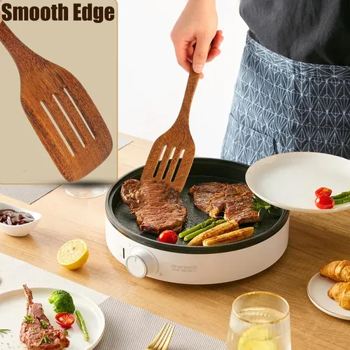 Vista 3 de Juego de 3 espátulas de madera natural, cuchara de cocina de madera maciza, antiadherente, utensilios de cocina ranurados, cucharas de madera