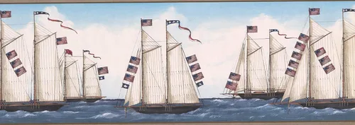 Vista 2 de Banderas de Estados Unidos en velero en el mar, cenefa diseño Retro clásico, rollo 15 'x 8.5