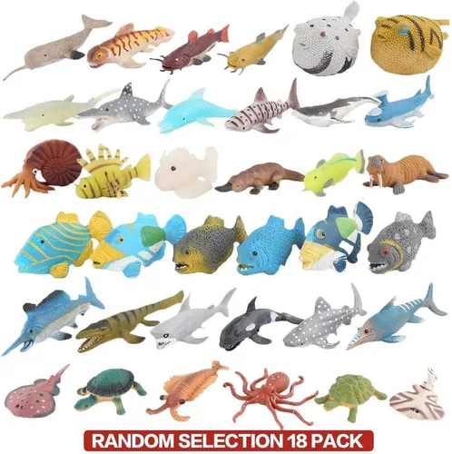 Vista 2 de Paquete de 18 animales marinos surtidos, conjunto de juguetes de animales marinos de goma elásticos y flotantes, mini figuras realistas de vida