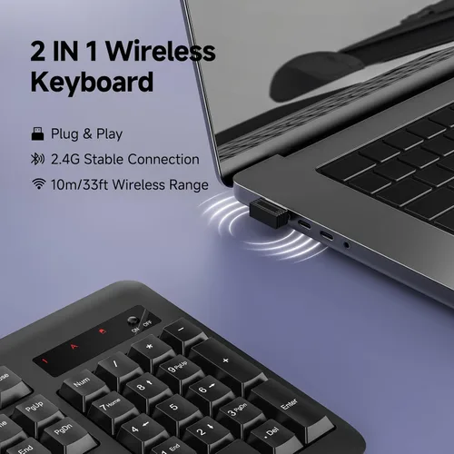 Vista 2 de Redragon - Teclado inalámbrico, teclado ergonómico inalámbrico de tamaño completo de 2.4G con 10 teclas multimedia individuales, resistente a