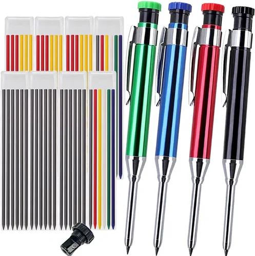 Vista 11 de Juego de lápices profesionales de aluminio multicolor para carpintería -3 tamaños (2/3/4 piezas)+núcleo de plomo mixto+sacapuntas adicional