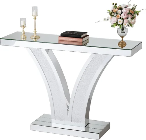 Vista 8 de Tribesigns Mesa de consola con espejo, moderna mesa de sofá de entrada plateada con marcos de incrustaciones de cristal para sala de estar, pasillo
