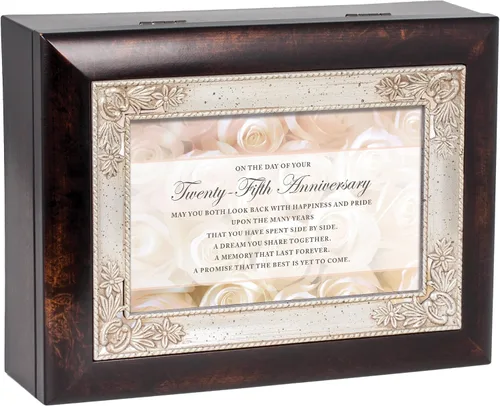 Vista 3 de Cottage Garden Caja de música con texto en inglés "Twenty Fifth Anniversary Happines Burlwood Jewelry Plays Unchained Melody