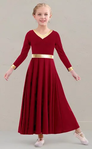 Vista 6 de Vestido de baile de alabanza para niñas, color dorado metálico, vestido litúrgico, vestido de iglesia, vestido de longitud completa, disfraz lírico