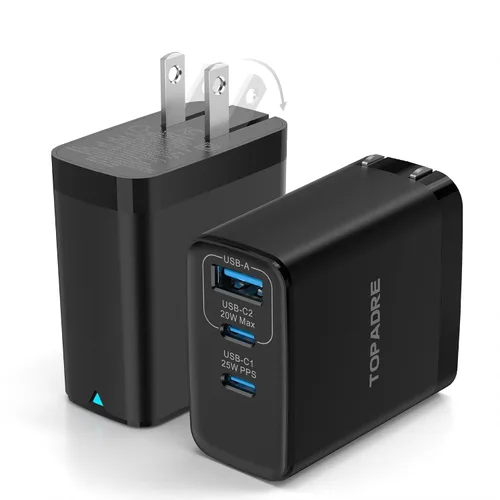Vista 13 de Bloque de cargador USB C de 45 W, paquete de 2 cargadores de pared plegables, cargador de 3 puertos tipo C, bloque de carga rápida multipuerto