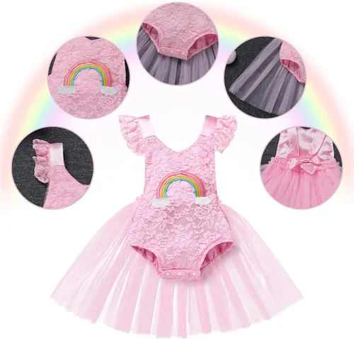 Vista 9 de Traje de bebé niña primer cumpleaños traje de encaje tul mameluco princesa tutú vestido de un año cumpleaños pastel Smash fotografía ropa