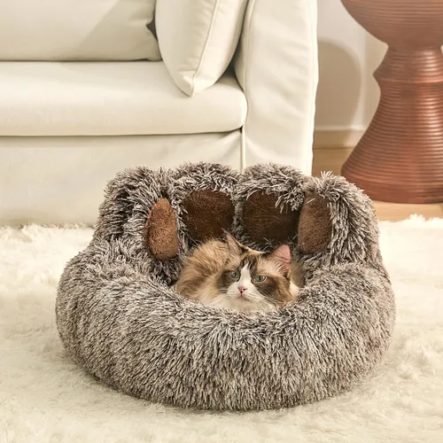 Vista 7 de Jiupety Cama calmante para mascotas en forma de pata, cama de felpa en forma de dona de piel sintética para perros y gatos, lavable a máquina, parte