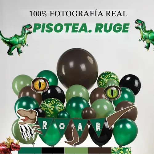 Vista 3 de Decoraciones de Fiesta de Cumpleaños de Dinosaurio kit de arco de globos verde cazador negro marrón con mini globos de papel de aluminio de dino