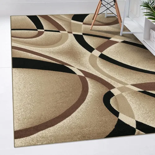 Vista 8 de 2305 Alfombra abstracta moderna roja, negra, y beige, Polipropileno, Beige Alfombra moderna para sala de estar Gris
