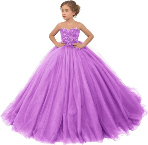Vista 16 de Precioso vestido de niña de flores de tul para niños de boda con cuentas princesa sin mangas vestidos de baile