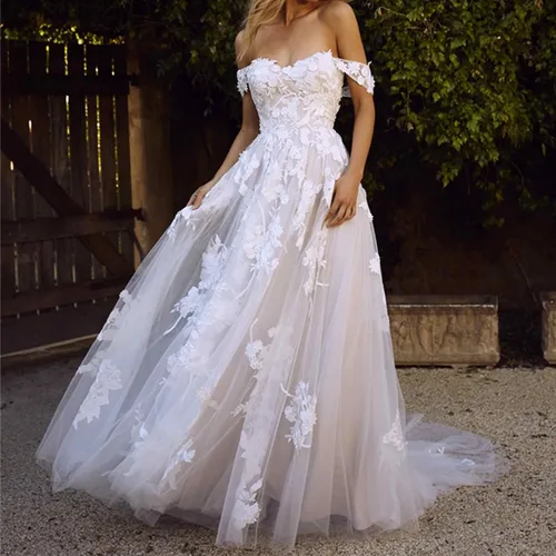 Vista 3 de Vestidos de novia bohemios para mujer, con hombros descubiertos, vestido de novia de tul, vestido de novia de encaje acampanado