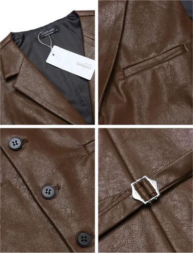 Vista 5 de COOFANDY Chaleco de traje de cuero para hombre, chaleco casual occidental, chaqueta ligera con cuello en V
