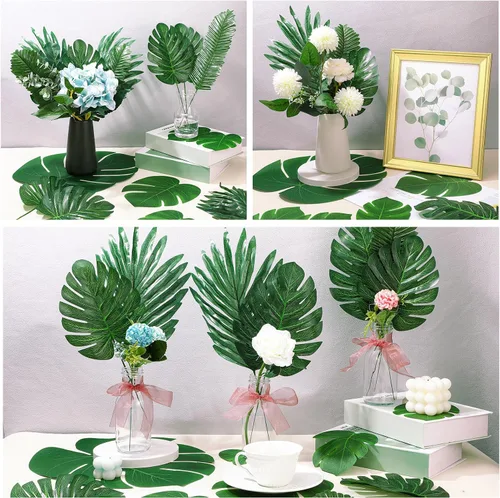 Vista 3 de EBOOT 252 hojas de palma artificiales, 6 tipos de hojas de Monstera tropicales sintéticas, hojas de safari de selva con tallos para fiesta temática