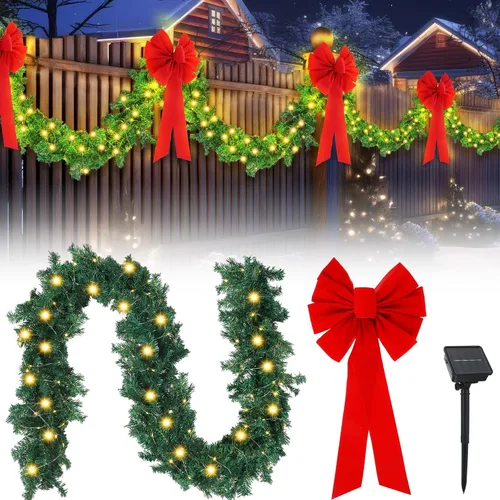 Vista 9 de Knitgrip 2 piezas de decoraciones de valla de Navidad de 9 pies en total de 18 pies con luz solar, guirnalda de cedro de Navidad al aire libre con 4