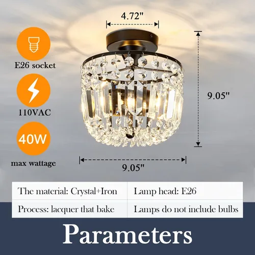 Vista 2 de YYJLX Lámpara de araña pequeña de cristal con 2 luces, moderna lámpara de techo semiempotrada para pasillo, cocina, vestíbulo (negro)