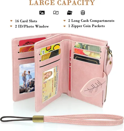 Vista 7 de CONISY Cartera pequeña para mujer, cartera compacta de cuero plegable con correa de muñeca con bloqueo RFID para mujer, Rosado, Moderno