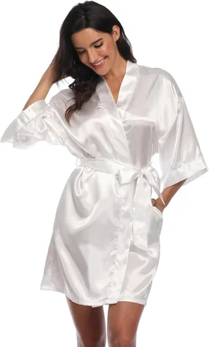 Vista 2 de Kimono de satén para mujer, bata de baño de seda, bata corta para dama de honor