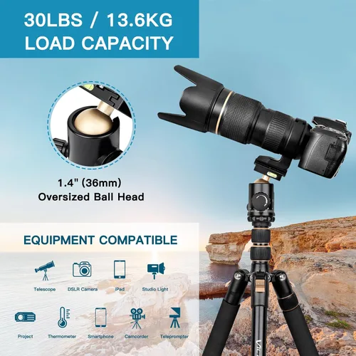 Vista 4 de Trípode DSLR Profesional para Fotografía - Alto, Ligero y Resistente - Miras de Detección, Telescopio y Prismáticos - Unidad de Trípode Completa