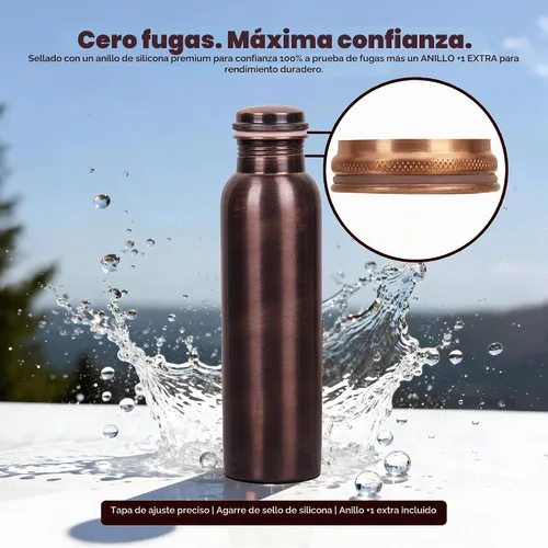 Vista 5 de Botella de agua de cobre 100% puro para beber, botella de cobre ayurvédico con acabado liso, a prueba de fugas, boca ancha, reutilizable y sin BPA