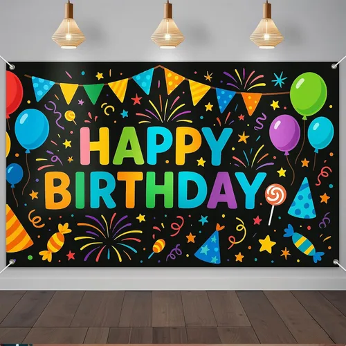 Vista 12 de IVN Pancarta de decoración de cumpleaños, graffiti, tema de galaxia, telón de fondo de 71 x 43 pulgadas con letras de burbujas blancas, estrellas