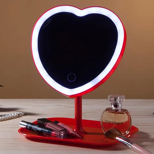 Vista 5 de Espejo de tocador de maquillaje de corazón con luces LED, luces de control táctil, brillo ajustable, espejo de tocador iluminado con carga USB