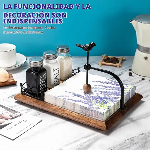 Vista 3 de Encantador servilletero de madera con diseño de pájaro – Incluye espacio para saleros y pimenteros – Servilletero negro multifuncional para mesa