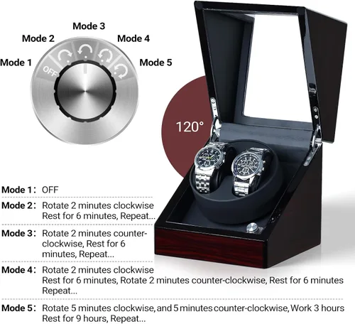 Vista 3 de Mono-gatari Enrollador de reloj doble para relojes automáticos, 5 ajustes de modo de rotación con luz LED, rotor de reloj doble en acabado de piano