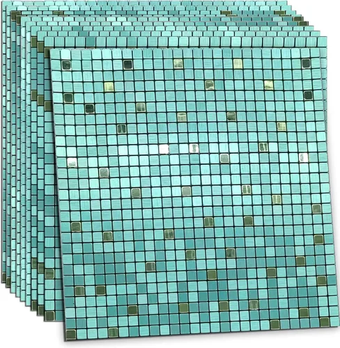 Vista 7 de XUANINY 10 piezas para despegar y pegar para cocina, panel de calcomanías de pared 3D de aluminio, azulejos de mosaico de metal autoadhesivo