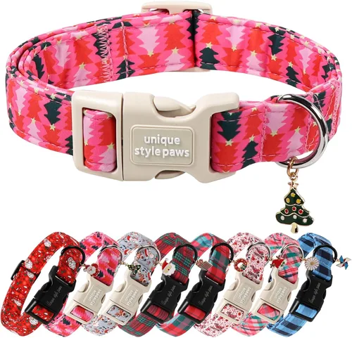 Vista 18 de Collar de perro de Navidad de Unique Style Paws con hebilla de plástico y colgante, a cuadros rojo y negro, collares de algodón para cachorros
