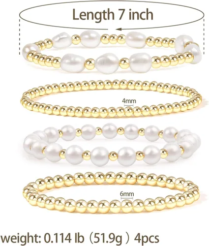 Vista 2 de Pulseras de cuentas de oro para mujer, perlas barrocas apilables, chapadas en oro de 14 quilates, pulsera de bolas elásticas para regalo de joyería