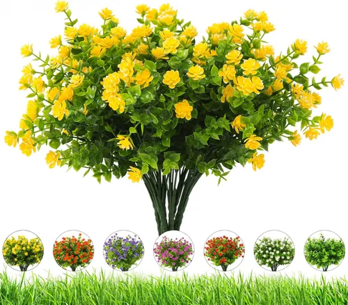 Vista 13 de Flores artificiales para exteriores, 8 paquetes de flores falsas resistentes a los rayos UV, flores sintéticas de plástico para exteriores, plantas