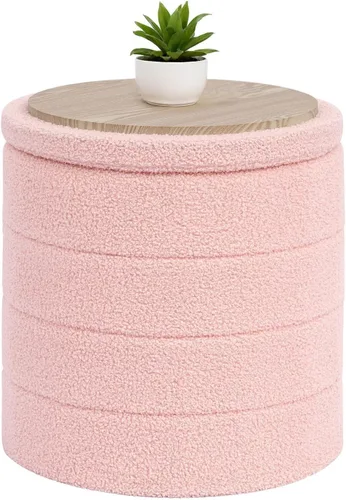 Vista 20 de B FSOBEIIALEO Otomana con Almacenamiento, Taburete Otomano de Almacenamiento Redondo Sherpa, Reposapiés Boucle 14.6"x14.6"x17.7" (Beige)