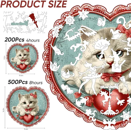 Vista 3 de Qiuenisray Rompecabezas de Madera para Adultos, Rompecabezas de Gato en Forma de Corazón de 200 Piezas, Rompecabezas de Forma Única Certificado FSC