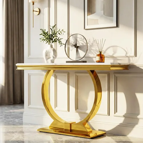 Vista 11 de Mesa consola Asday dorada, mesa de entrada de 50 pulgadas en negro glamuroso y dorado con base en forma de U, mesa de entrada dorada pulida