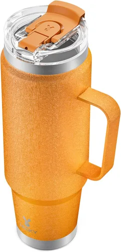 Vista 12 de Meoky Vaso de viaje de acero inoxidable de 40 onzas con asa, taza de viaje de acero inoxidable con tapa para sorber 2 en 1, taza de café aislada al