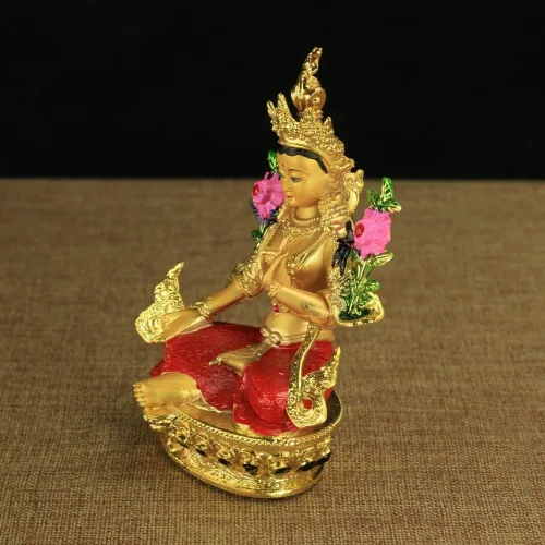 Vista 4 de Estatua de Bodhisattva Ocho Mascota Budista Proveedores Cobre Dorado Color Verde Tara Buddha Estatua