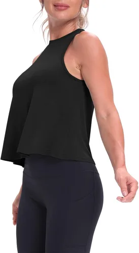 Vista 4 de Mippo - Camiseta sin mangas de entrenamiento para mujer, estilo ombliguera con vuelo, atlética